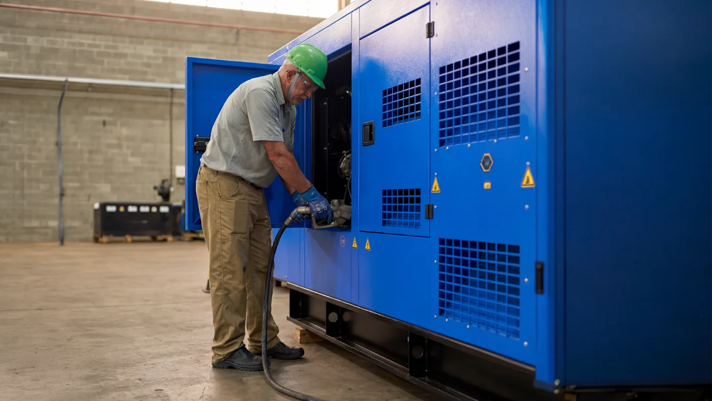 Técnico abastecendo grupo gerador industrial dentro da planta